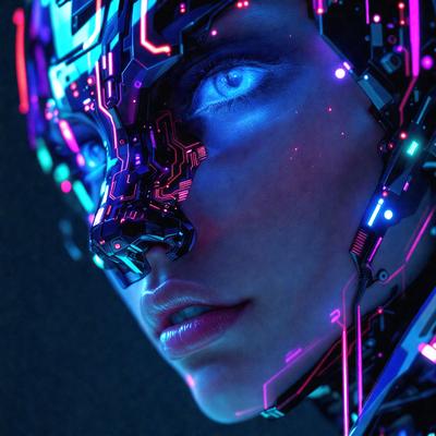 The primary subject of the image is a woman with blue eyes and a futuristic, cyberpunk-inspired appearance. She has a blue-toned face and is wearing a blue-toned outfit. The setting is a dark, futuristic environment, with a backdrop of neon lights and a blue-toned background. The visual style is a combination of digital art and illustration, creating a striking and unique image. The colors and mood of the image are predominantly blue, giving